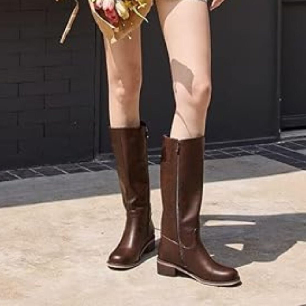 Brown Knee-High Block Heel Riding Boots